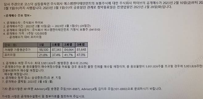 삼성증권이 지점에 보낸 하이브의 에스엠 지분 공개매수 안내 메일 일부.