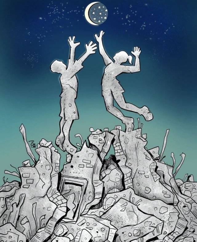 배구 경기를 위해 튀르키예를 찾은 키프로스섬의 한 학교 선수단 39명이 지진으로 숙소가 무너지며 전원 사망했다. 이란 일러스트레이터 알리레자 파크델이 인스타그램에 학생들을 추모하는 일러스트를 올렸다. 인스타그램 캡처