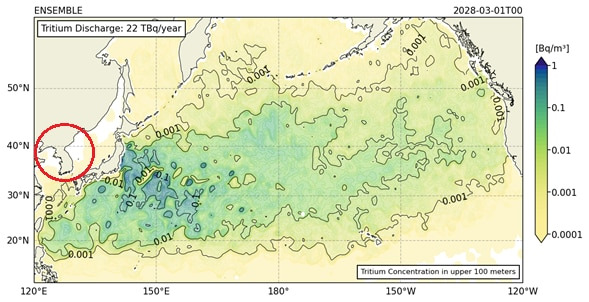 한국해양과학기술원(해양과기원)과 한국원자력연구원이 공동 개발한 시스템으로 후쿠시마 원전 오염수 방류 이후 5년이 지났을 때 전 세계 바다의 삼중수소 농도를 예측한 그래픽. 빨간색 동그라미가 한국. /해양과기원