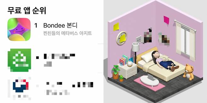 본디는 출시 한달만에 무료 앱 순위 1위에 올랐다. 본디는 각종 소품, 벽지, 인테리어 용품 등을 이용해 나만의 방을 꾸미는 방식의 앱으로 2030 사이에서 인기를 끌고 있다. /사진=애플 스토어 캡처, 본디 캡처