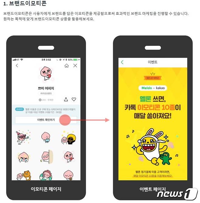 카카오 비즈니스 가이드 페이지에 업로드된 '브랜드 이모티콘' 설명 이미지 (홈페이지 갈무리)