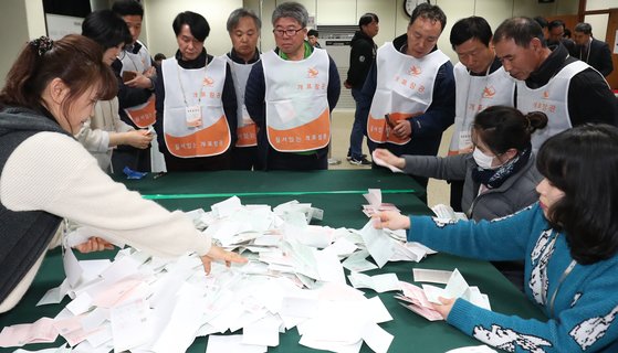 2019년 치러진 조합장선거 투표 당시 대전 서부농협본점에 마련된 개표소에서 선거개표 사무원들이 개표를 하고 있다. 뉴스1