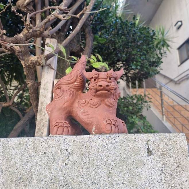 오키나와 한 가정집 담벼락에 놓인 시사.