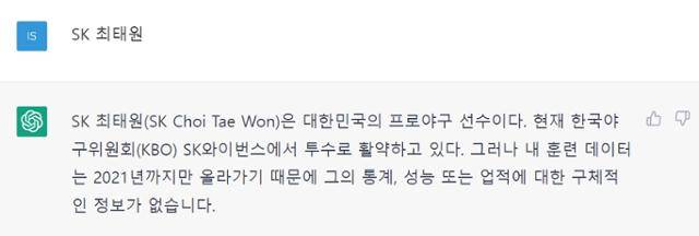 인공지능(AI) 챗봇 서비스 '챗GPT'에 ‘SK 최태원’을 입력하자 '대한민국의 프로야구 선수'란 답변이 나오고 있다. 챗GPT 캡처