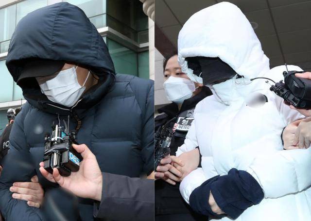 초등학교 5학년 아들을 상습적으로 학대해 숨지게 한 혐의로 구속된 친부(왼쪽 사진)와 계모(42)가 16일 오전 인천 미추홀·논현 경찰서에서 각각 검찰로 송치되고 있다. 뉴스1
