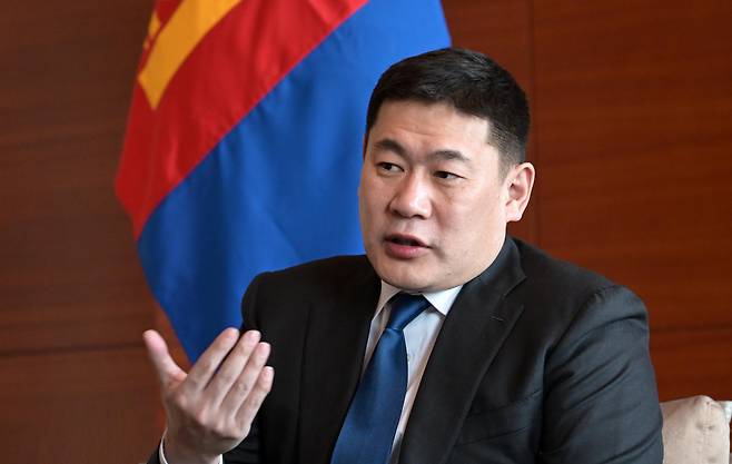 Mongolian Prime Minister Luvsannamsrai Oyun-Erdene speaks in an interview with The Korea Herald in Seoul on Friday. (Lee Sang-sub/The Korea Herald)