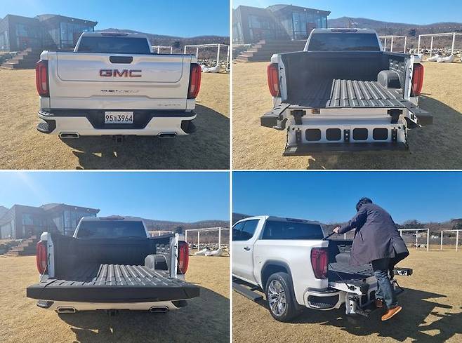 '6펑션 멀티프로 테일게이트'. 후면에 위치한 두개의 버튼으로 테일게이트를 조절해 6가지 기능을 쓸 수 있다. ⓒ데일리안 편은지 기자