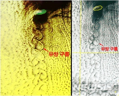 [청주=뉴시스] 유방구름. 왼쪽은 미국해양기상청(NOAA) 위성, 오른쪽은 천리안 위성이 21일 촬영한 것이다. 고려대기환경연구소 제공