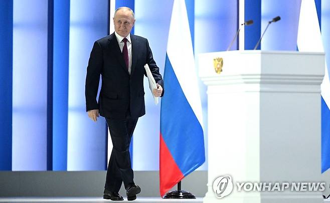 지난 21일 국정연설 하러 도착한 푸틴 러시아 대통령 [UPI/크렘린궁 풀 연합뉴스 자료사진. 재판매 및 DB 금지]
