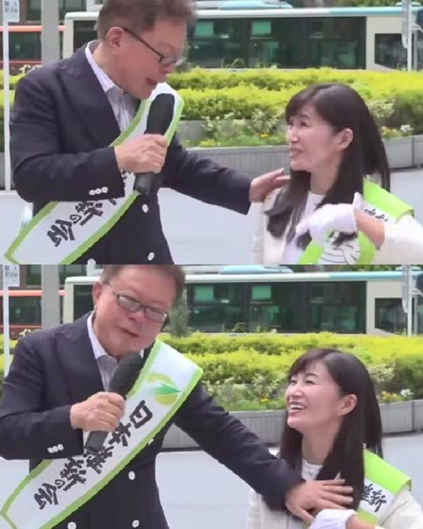 지난해 6월 12일 일본 도쿄도 무사시노시 기치조지역 앞에서 개최된 일본유신회의 참의원 선거 거리연설회에서 이노세 나오키(사진 왼쪽) 전 도쿄도 지사가 에비사와 유키 입후보 예정자의 머리를 만지고, 가슴에 손을 대고 있다. 출처=유튜브