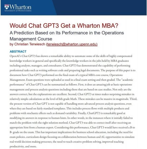 크리스천 터비시 와튼스쿨 교수가 지난 17일 챗GPT에 MBA 시험을 치르게 한 결과를 연구한 논문 초록. 자료=와튼스쿨