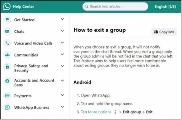 모바일 메신저 ‘조용히 나가기’ 기능 - ‘왓츠앱’ 홈페이지에 소개돼 있는 조용히 나가기 기능. 김정호 더불어민주당 의원실 제공