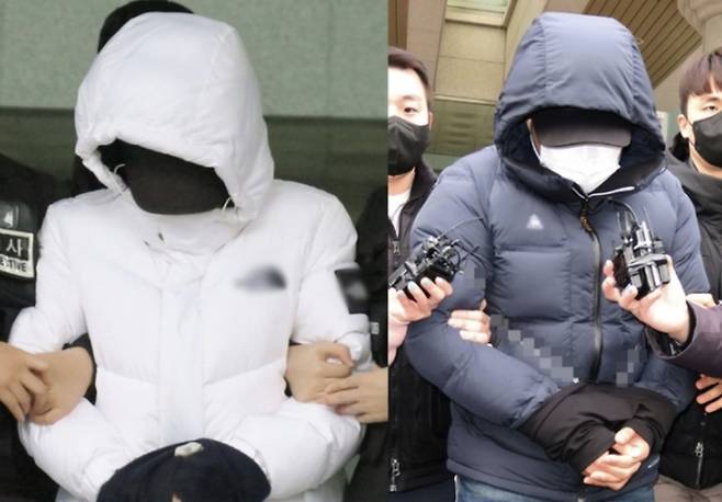 지난 16일 오전 인천 미추홀구 미추홀경찰서에서 초등학교 5학년 아들을 학대해 숨지게 한 혐의를 받는 친모(왼쪽)와&nbsp;친부가 검찰로 송치되고 있다. 인천=뉴시스