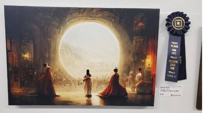 지난해 8월 열린 콜로라도 주립 박람회 미술대회의 디지털아트 부문에서 우승한 ‘스페이스 오페라 극장’. 이 그림은 화가가 아닌 게임 기획자 제이스 앨런이 텍스트를 이미지로 바꿔주는 생성형 AI인 ‘미드저니(Midjourney)’로 만들었다. / 미드저니 홈페이지 갈무리