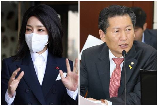 윤석열 대통령 부인 김건희 여사(왼쪽)와 정청래 더불어민주당 수석최고위원. <연합뉴스>