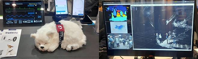 스페인 바르셀로나에서 열린 MWC 2023 한국무역협회 부스에 젠트리(왼쪽)의 반려동물 건강관리 웨어러블 기기·서비스와 아고스비전의 광시야 3D카메라가 전시돼 있다. /권오은 기자