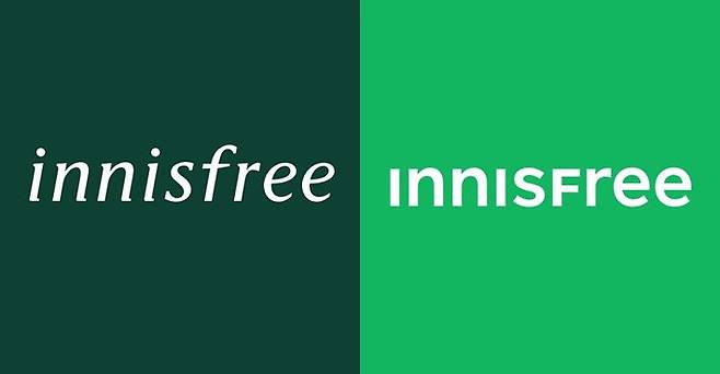 2018년 선보인 이니스프리 로고(왼쪽)과 5년여 만에 바뀐 새 로고. /이니스프리