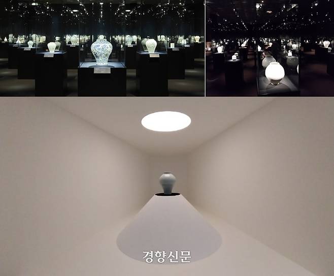 ‘조선의 백자, 군자지향’ 전에서 명품들을 한 자리에 모은 전시장 일부 전경(위)과 감상의 깊이를 더하기 위해 순백자 1점을 단독 전시한 모습. 도재기 선임기자