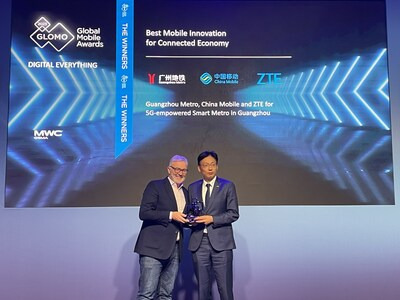 Guangzhou Metro Group, China Mobile Guangzhou Branch and ZTE win "Best Mobile Innovation for Connected Economy" at the 2023 GLOMO Awards (PRNewsfoto/ZTE Corporation)