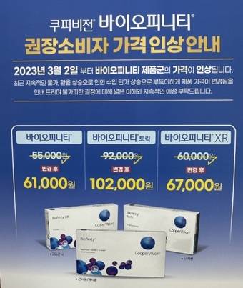 쿠퍼비전 바이오피니티 가격인상 안내