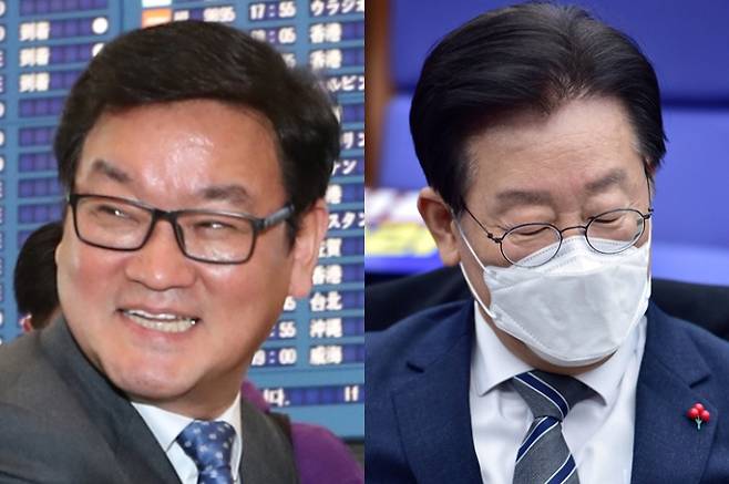 아태평화교류협회 안부수 회장과 더불어민주당 이재명 대표. 연합뉴스·윤창원 기자