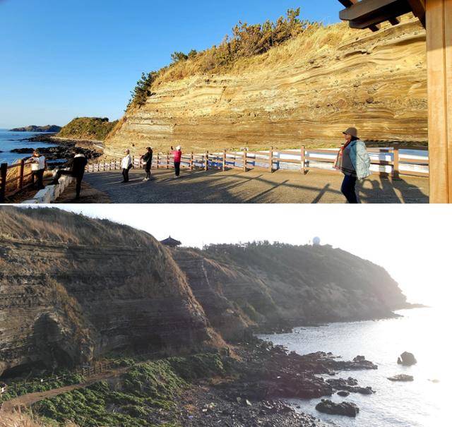 당산봉 아래쪽의 화산쇄설물층(윗쪽 사진)과 해안지대에 남은 2차대전 중 일본군 해변 참호