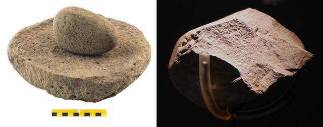 왼쪽은 고산리 유적에서 출토된 화산암으로 만든 갈돌 갈판. 제주에서는 구석기시대 전통 유적인 타제석기(오른쪽)가 발견되기도 했다