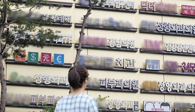 서울 강남의  한 건물에 성형외과와 피부과 간판이 빼곡하게 달려 있다./김지호 기자