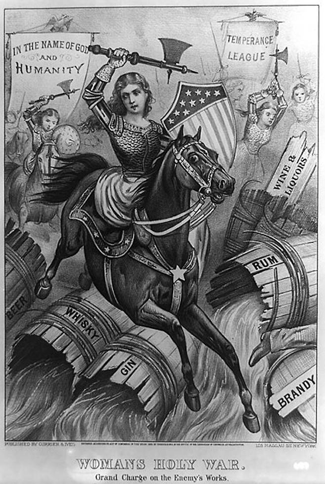 절제 운동가인 여성전사들이  맥주, 위스키, 진, 럼, 브랜디, 와인 및 주류 통을 파괴하기 위해 도끼를 휘두르고 있다. 1874년 정치 만화 인쇄물. <사진 출처=위키피디아>