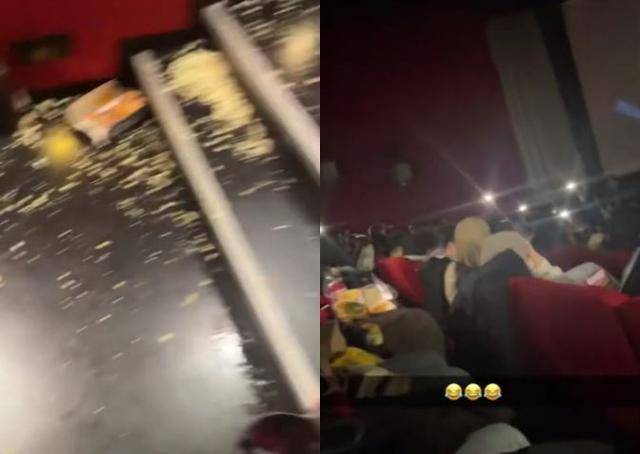 독일 언론 n-TV가 독일 내 많은 영화관들에서 '크리드3' 상영 도중 관객들이 난동을 부려 영화 상영이 중단되고 있다고 6일 보도했다. 영화관에 팝콘이 뿌려져 있고(왼쪽 사진), 관객들이 웅성거리고 있다. n-TV 캡처