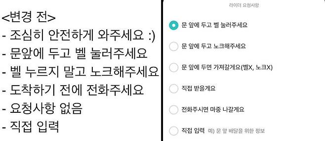 배달의민족 라이더 요청사항 변경 전 문구 (왼쪽)과 지난 7일부터 변경된 문구 /배달의민족