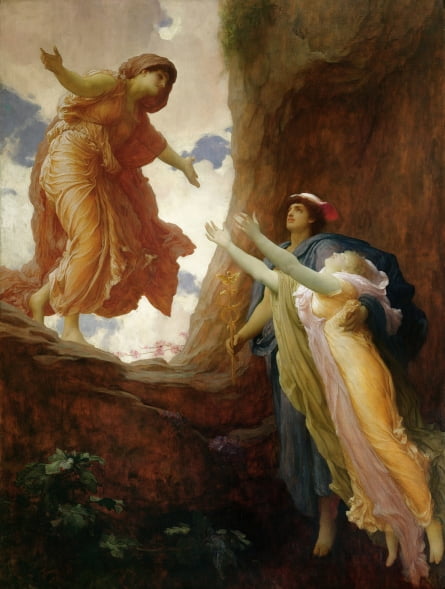'페르세포네의 귀환'(1891). 신화 속 대지의 여신 데메테르(왼쪽)과 그녀의 딸 페르세포네(오른쪽 아래)의 재회를 그린 작품이다. 레이턴은 활짝 두 팔을 벌려 페르세포네를 맞이하는 데메테르에 자신을, 지상으로 올라오는 페르세포네에 딘을 투영했을지도 모른다.