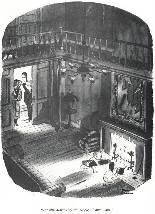 미국 잡지 뉴요커에 연재됐던 만화 ‘아담스 패밀리.’ 아빠 엄마는 자녀인 웬즈데이와 퍽슬리가 “여전히 산타클로스를 믿는다”며 흐뭇해하는 장면이다. 산타의 존재를 믿기에 벽난로에 열심히 불을 지펴 사지로 몰려는 것이다.  사진 출처 구글이미지