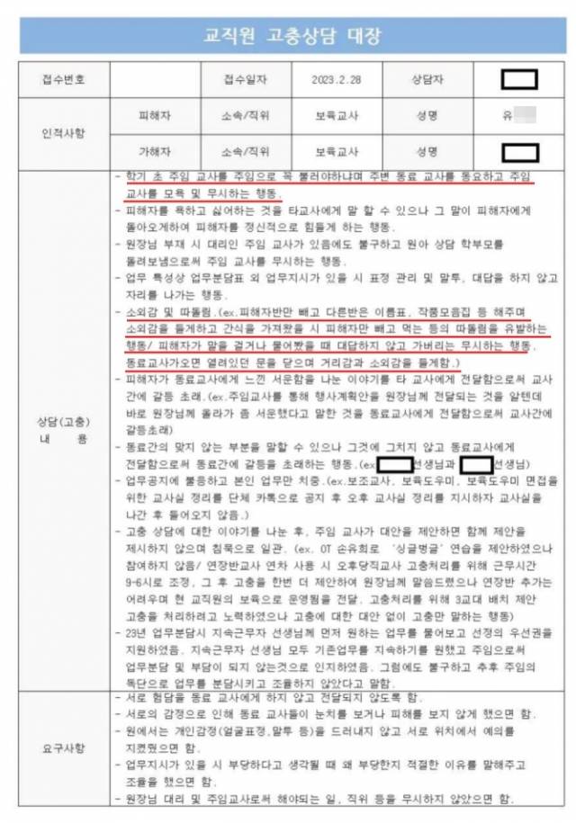 남편 박씨가 공개한 아내의 고충 상담 기록지. 아내가 직장내에서 집단적인 따돌림과 괴롭힘을 당했다는 내용이 기록돼있다.