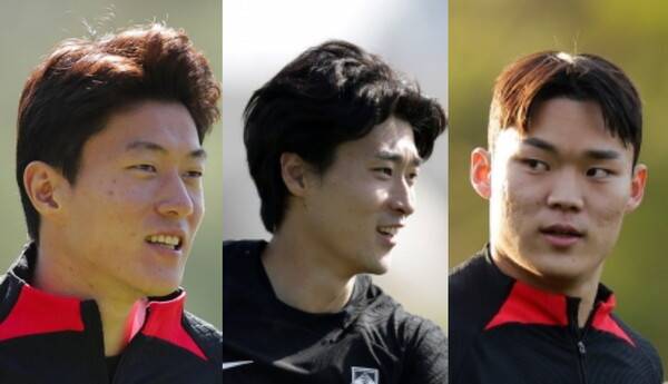 황의조(왼쪽 첫 번째), 조규성(두 번째), 오현규(세 번째). ⓒKFA