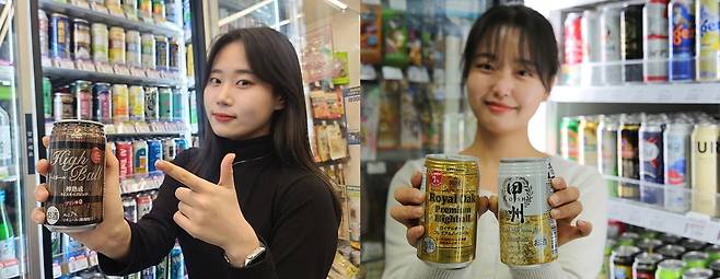 진짜 위스키를 넣은 CU의 '리얼 위스키 하이볼'(왼쪽), GS25의 '로얄 오크 프리미엄 하이볼'과 '코슈 하이볼'(오른쪽)/사진제공=CU