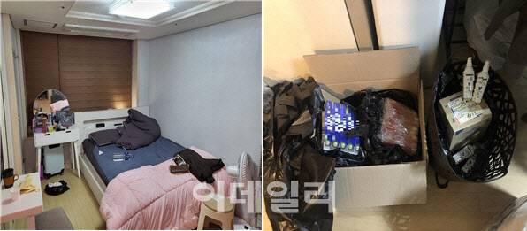 성매매를 알선한 일당이 임차한 오피스텔 객실 내부(왼쪽)와 마사지젤·치약·칫솔 등 압수물품(오른쪽).(사진=서울경찰청 제공)