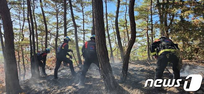 15일 산림청 중앙산불방지대책본부가 경남 통영시 광도면 인근 산불을 진압하고 있다.(산림청 제공)