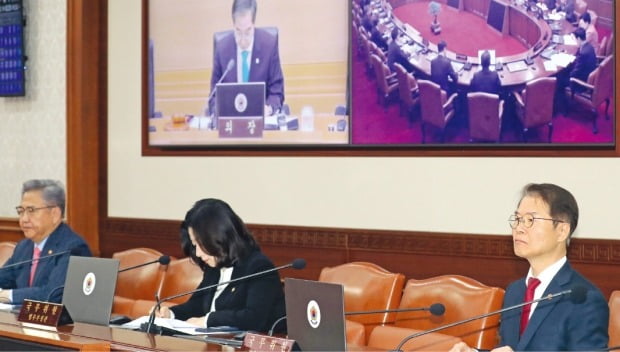 이정식 고용노동부 장관(오른쪽)이 14일 정부서울청사에서 열린 국무회의에서 한덕수 국무총리(왼쪽 위)가 화상으로 진행하는 발언을 듣고 있다.  /뉴스1