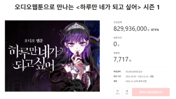 네이버웹툰이 텀블벅에서 진행했던 오디오웹툰 '하루만 네가 되고 싶어'의 크라우드 펀딩. (사진=텀블벅 홈페이지 갈무리)