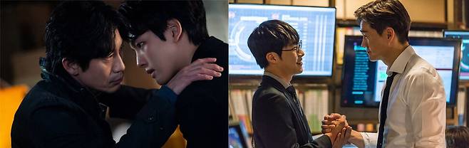 김수진 작가의 <매드독>과 <괴물>에는 공통으로 젊고 노련한 두 명의 단짝이 출연한다. <괴물>의 이동식(신하균 분)과 한주원(여진구 분)과 <매드독>의 김민준(우도환 분)과 최강우(유지태 분). jtbc 제공, KBS 제공