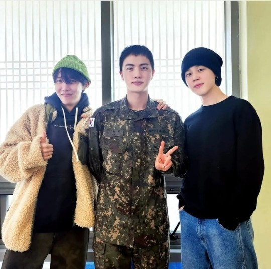 J-Hope and Jimin visit Jin in the Army (Jin's Instagram)