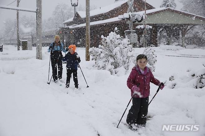 [워터베리( 미 버몬트주)= AP/뉴시스]미 동북부에 내린 봄 폭설로 눈이 쌓인 도로에서 14일 스키를 타는 버몬트주 주민 베스 데일리와 자녀들.