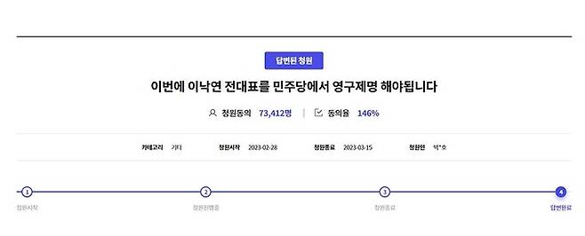 지난달 28일 올라와 총 7만3412명의 동의를 얻은 ‘이낙연 전 대표 영구제명’ 청원글. 더불어민주당 국민응답센터 홈페이지 캡처