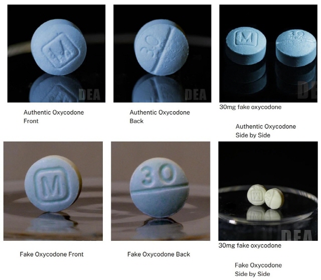 미국 마약단속국(DEA)이 공개한 실제 약국 처방약(위)과 펜타닐 함유 '가짜 알약' 비교 사진./사진=DEA 홈페이지 캡처
