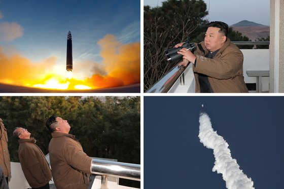 노동신문은 17일 전날(16일) 화성-17형 대륙간탄도미사일(ICBM) 발사 훈련을 단행했다고 밝혔다. 사진은 김정은 국무위원장이 화성-17형 발사장면을 지켜보는 모습. 뉴스1