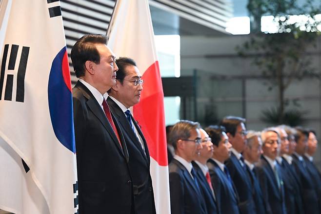 ▲3월16일 일본 도쿄 총리실에서 진행된 윤석열 대통령 환영행사. 사진=대통령실