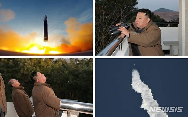 [서울=뉴시스] 김정은 북한 국무위원장이 16일 신형 대륙간탄도미사일(ICBM) '화성-17형' 발사훈련을 지도했다. (사진=노동신문 캡처) 2023.03.17