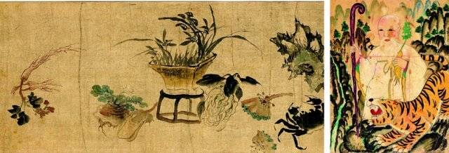 오원 장승업이 그린 기명절지도(器皿折枝圖). 꽃 과일 채소 등과 함께 왼쪽에 인삼이 보인다(왼쪽 사진). 전통 민화의 하나인 산신도. 산신을 호랑이가 호위하고, 산신은 인삼을 들었다. 푸른역사 제공