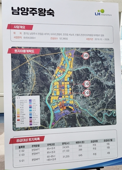 16일 열린 한국토지주택공사(LH)의 ‘2023년 공동주택용지 공급계획 설명회’ 현장에 걸린 남양주왕숙지구 공급계획 관련 현수막. 이연우기자